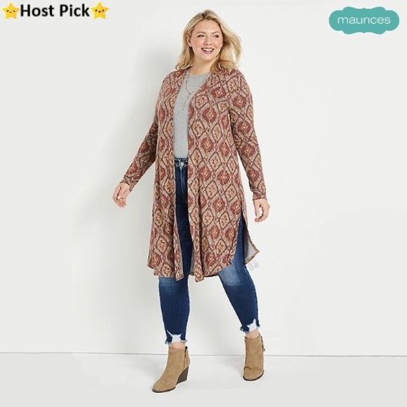 Maurices Sweaters - ⛔️SOLD⛔️ MAURICES Geo Print Lt. Weight Ultra Soft Duster Cardigan Brown XXL -NWT